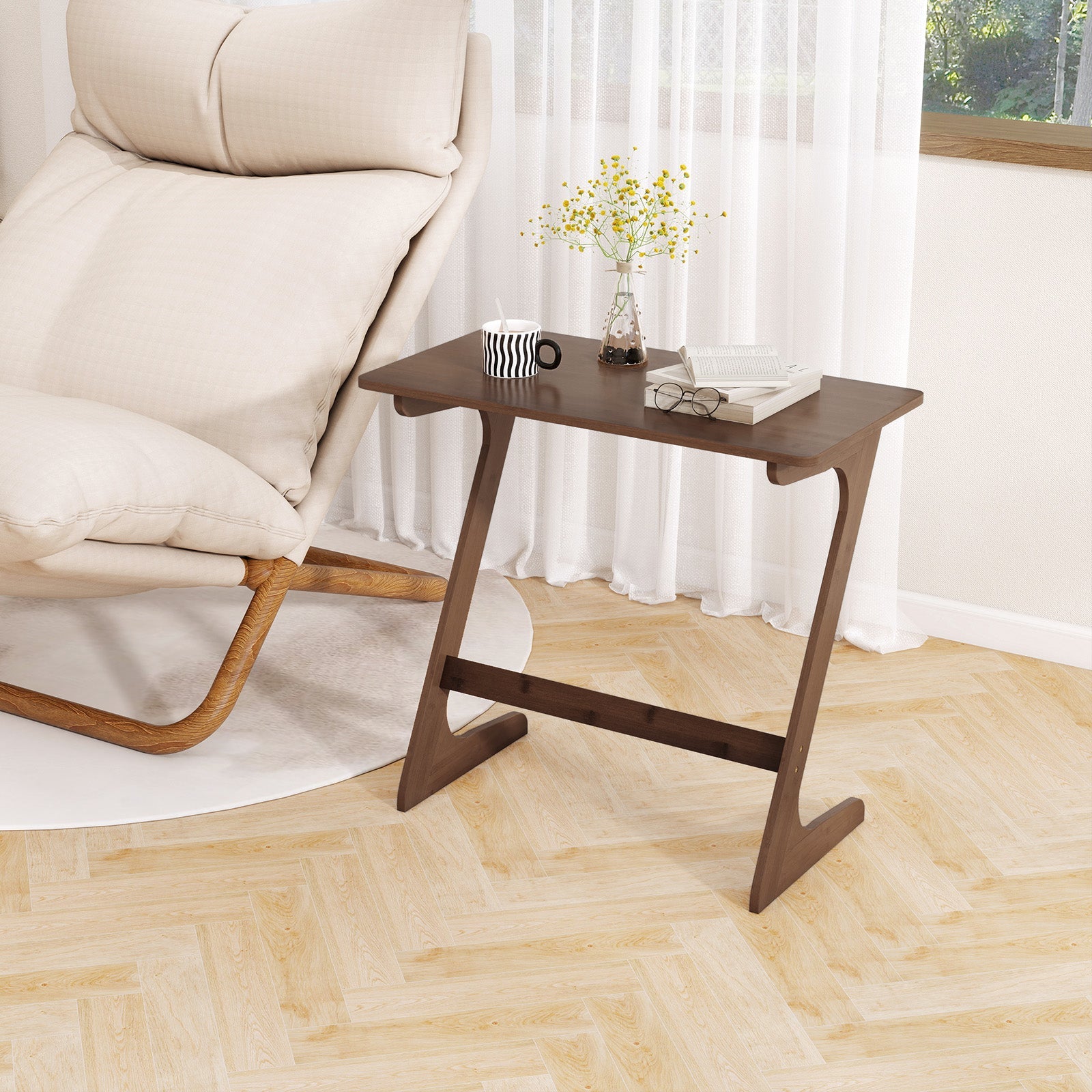 Bamboo Z-Shaped Spacious Sofa Side Table with Space-Saving Tabletop