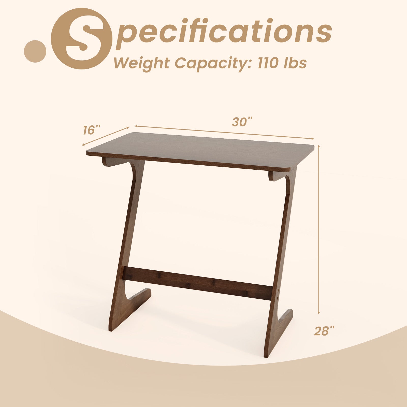Bamboo Z-Shaped Spacious Sofa Side Table with Space-Saving Tabletop