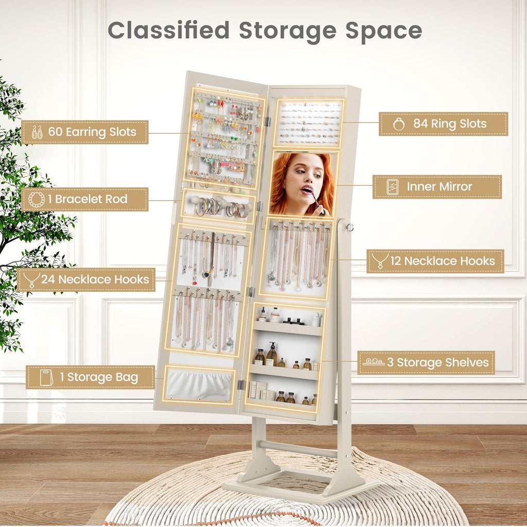 Freestanding Lockable Jewelry Armoire with Full-Length Mirror and 6 LED Lights