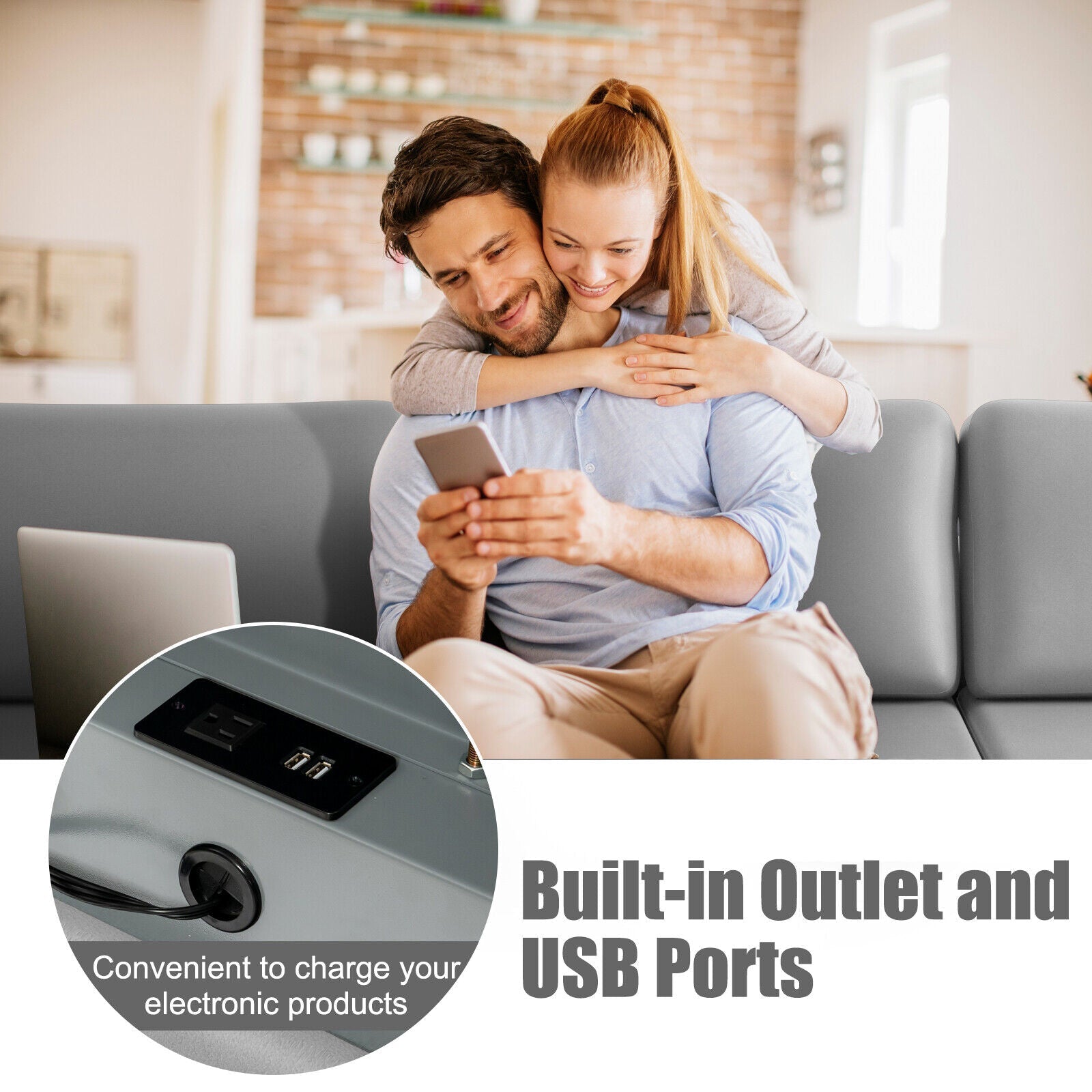 Modular L-shaped Sectional Sofa with Reversible Ottoman and 2 USB Ports