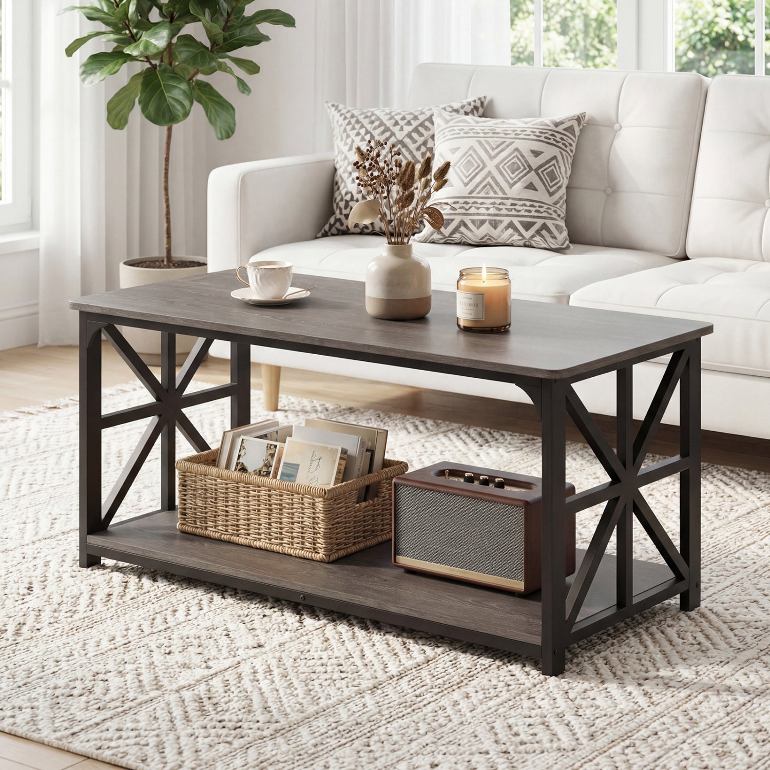 Coffee Table 2-Tier Center Table with Storage Shelf