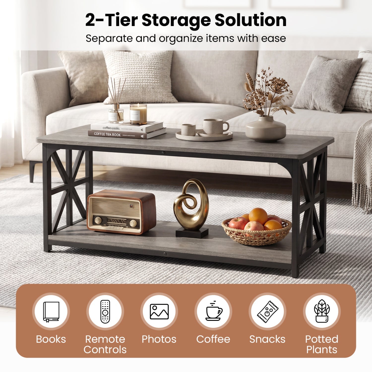 Coffee Table 2-Tier Center Table with Storage Shelf