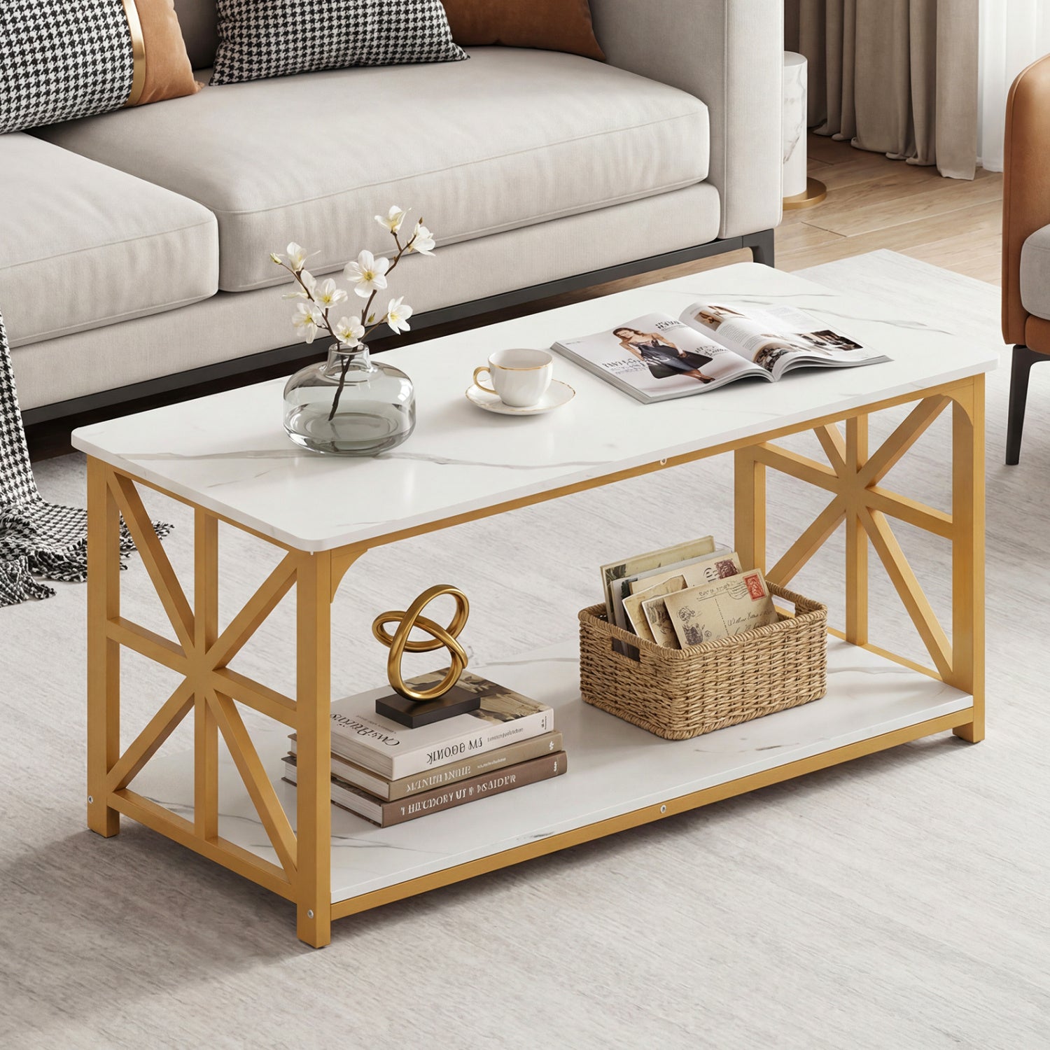 Coffee Table 2-Tier Center Table with Storage Shelf