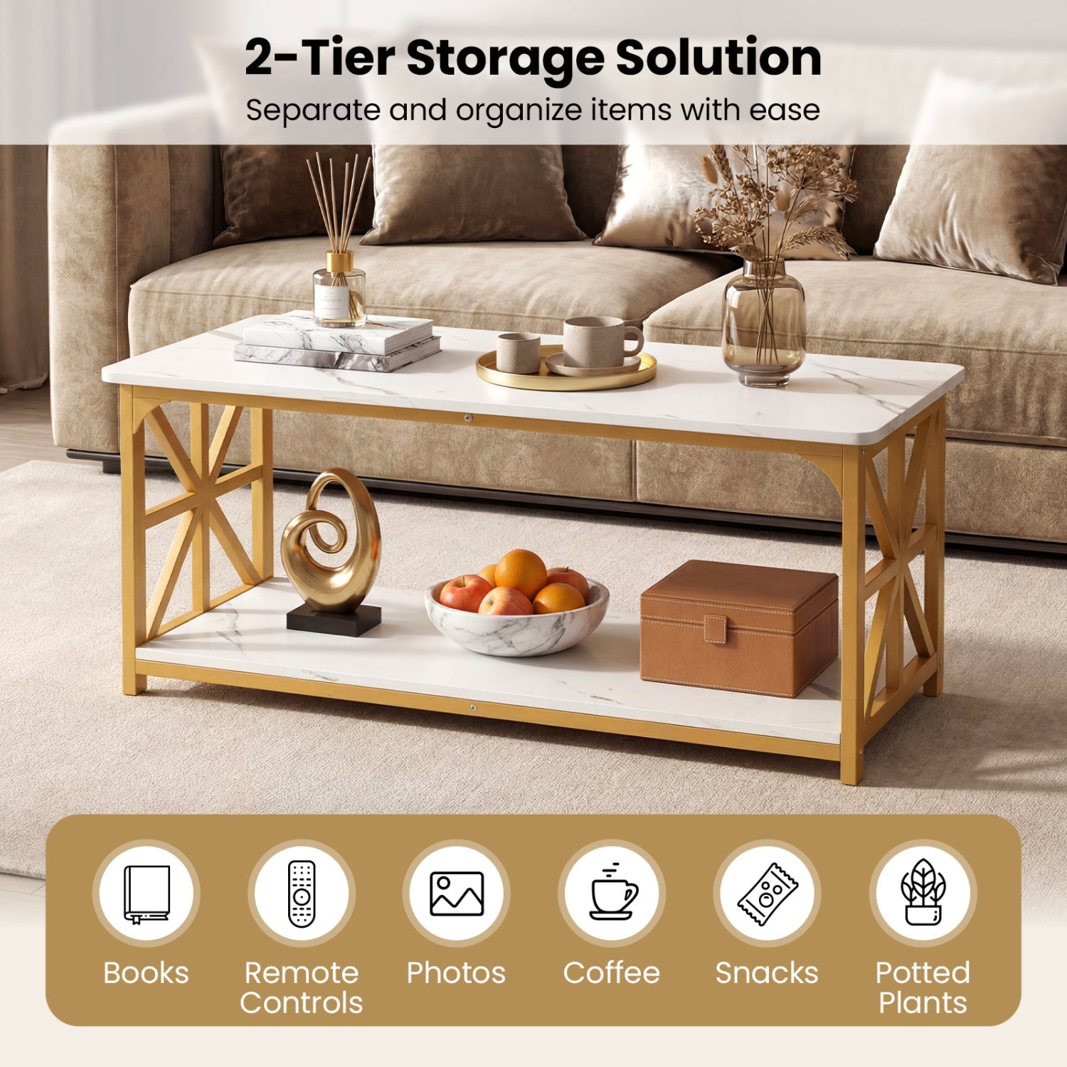 Coffee Table 2-Tier Center Table with Storage Shelf