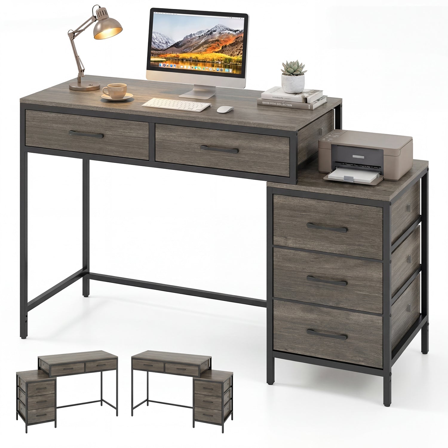 Computer Desk with 5 Drawers and Printer Stand for Bedroom and Small Spaces