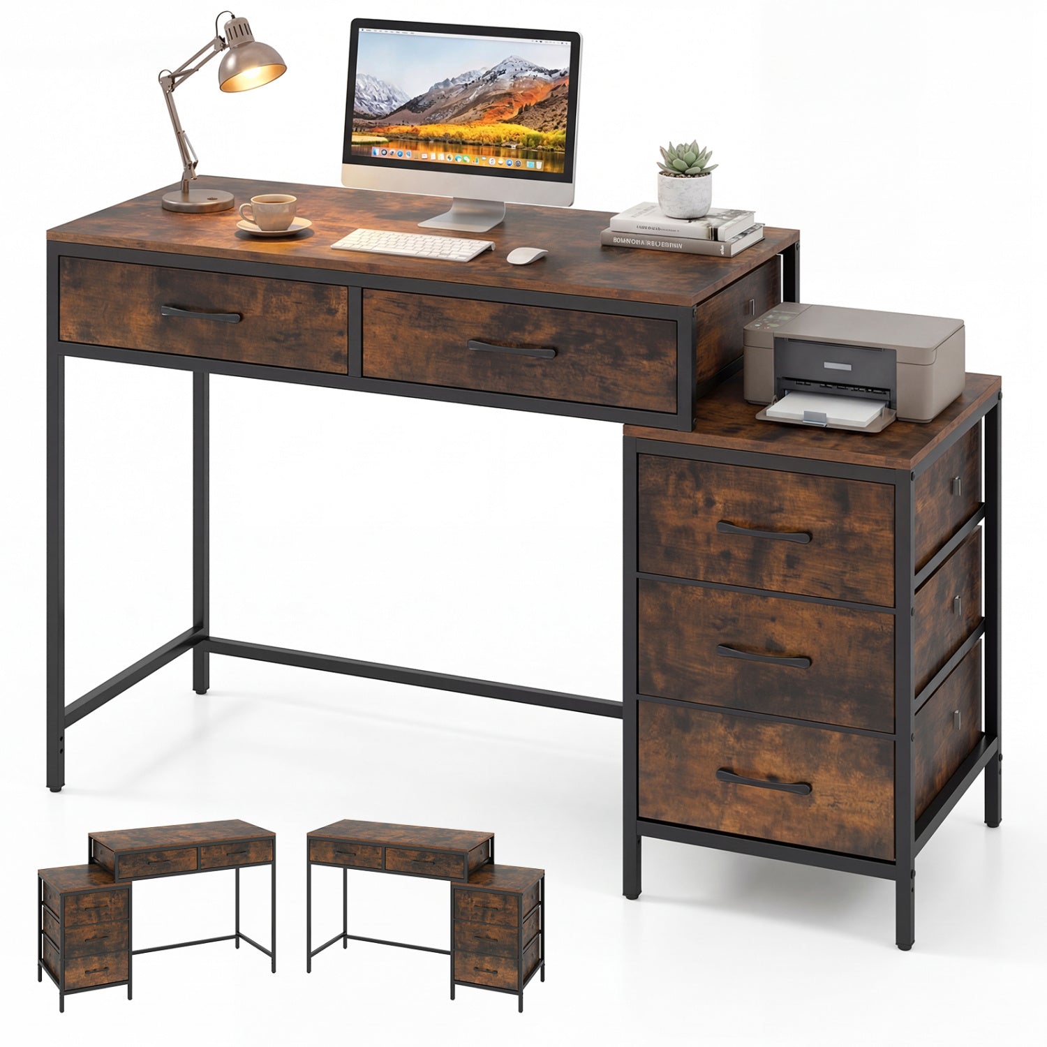 Computer Desk with 5 Drawers and Printer Stand for Bedroom and Small Spaces