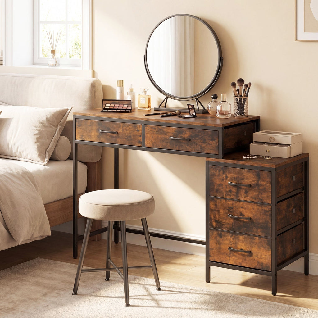 Computer Desk with 5 Drawers and Printer Stand for Bedroom and Small Spaces