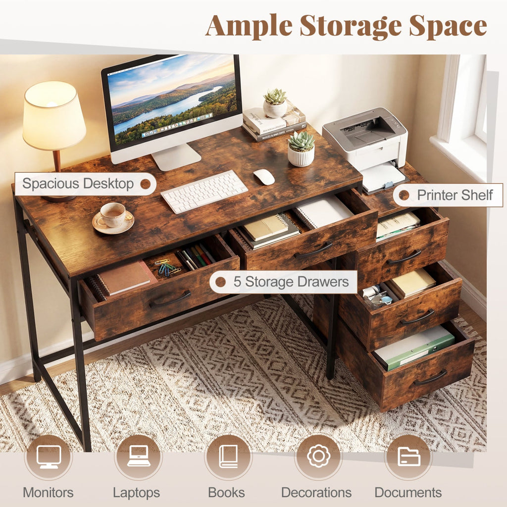 Computer Desk with 5 Drawers and Printer Stand for Bedroom and Small Spaces