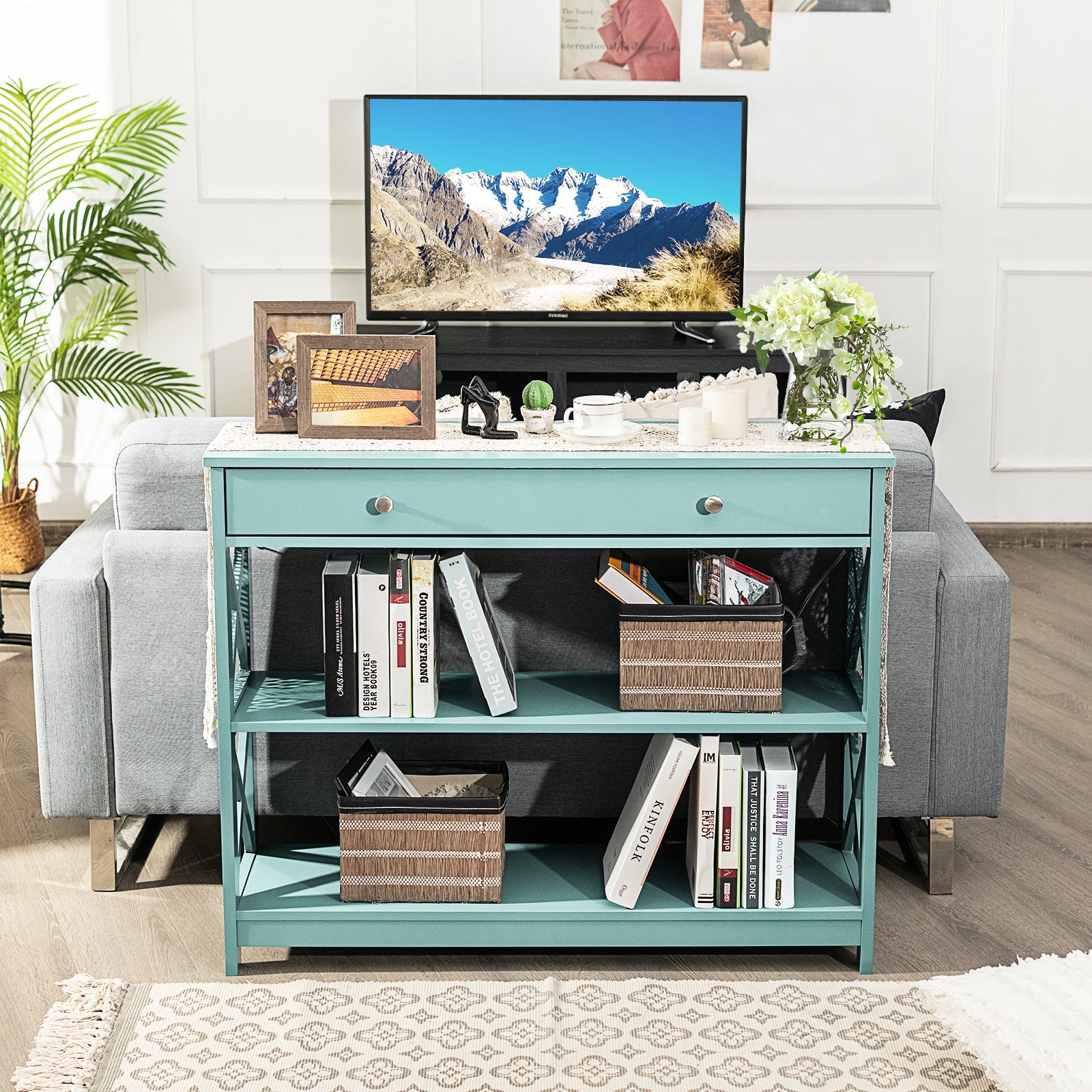 Console Table 3-Tier with Drawer and Storage Shelves