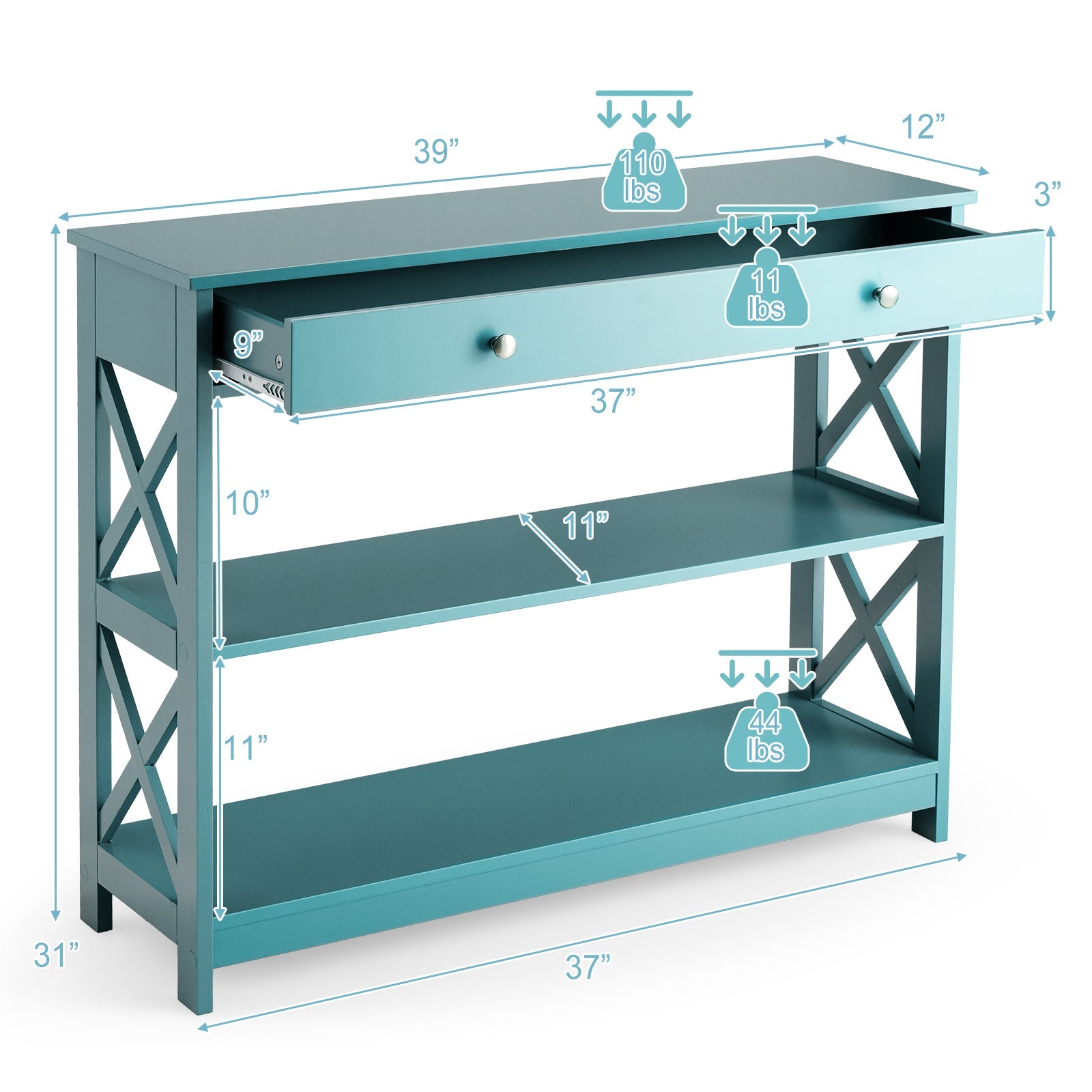 Console Table 3-Tier with Drawer and Storage Shelves