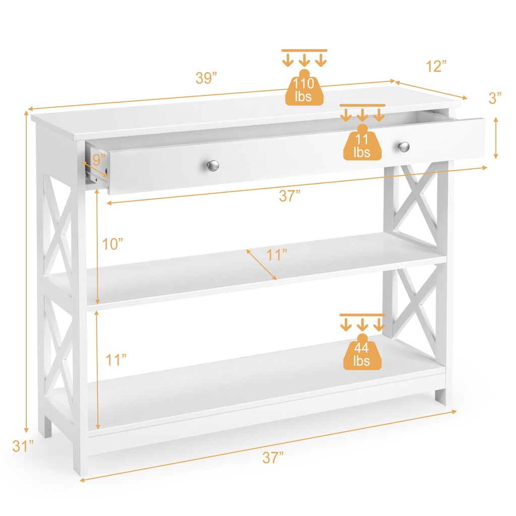 Console Table 3-Tier with Drawer and Storage Shelves