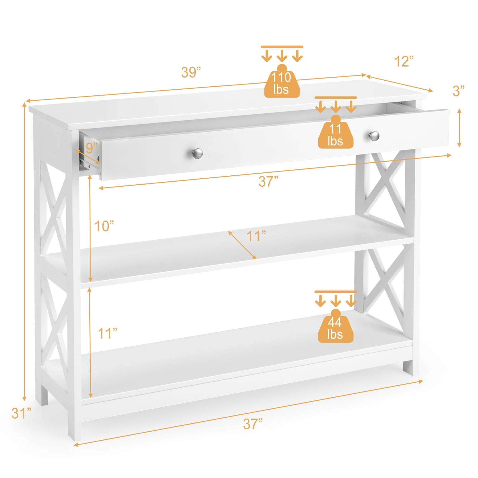 Console Table 3-Tier with Drawer and Storage Shelves