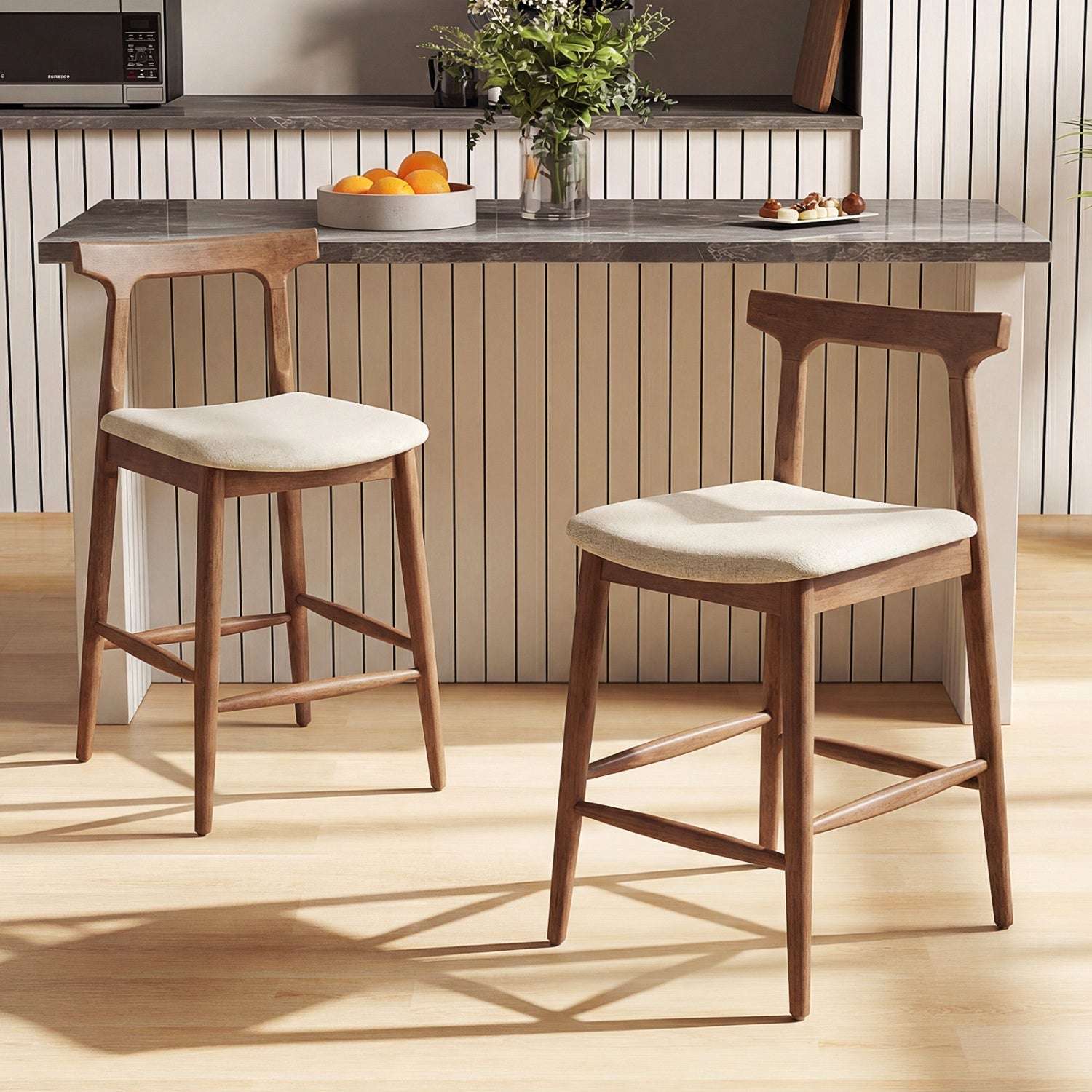 Counter Height Bar Stools 24 Inch Solid Wood Kitchen Island Chairs with Curved Backs