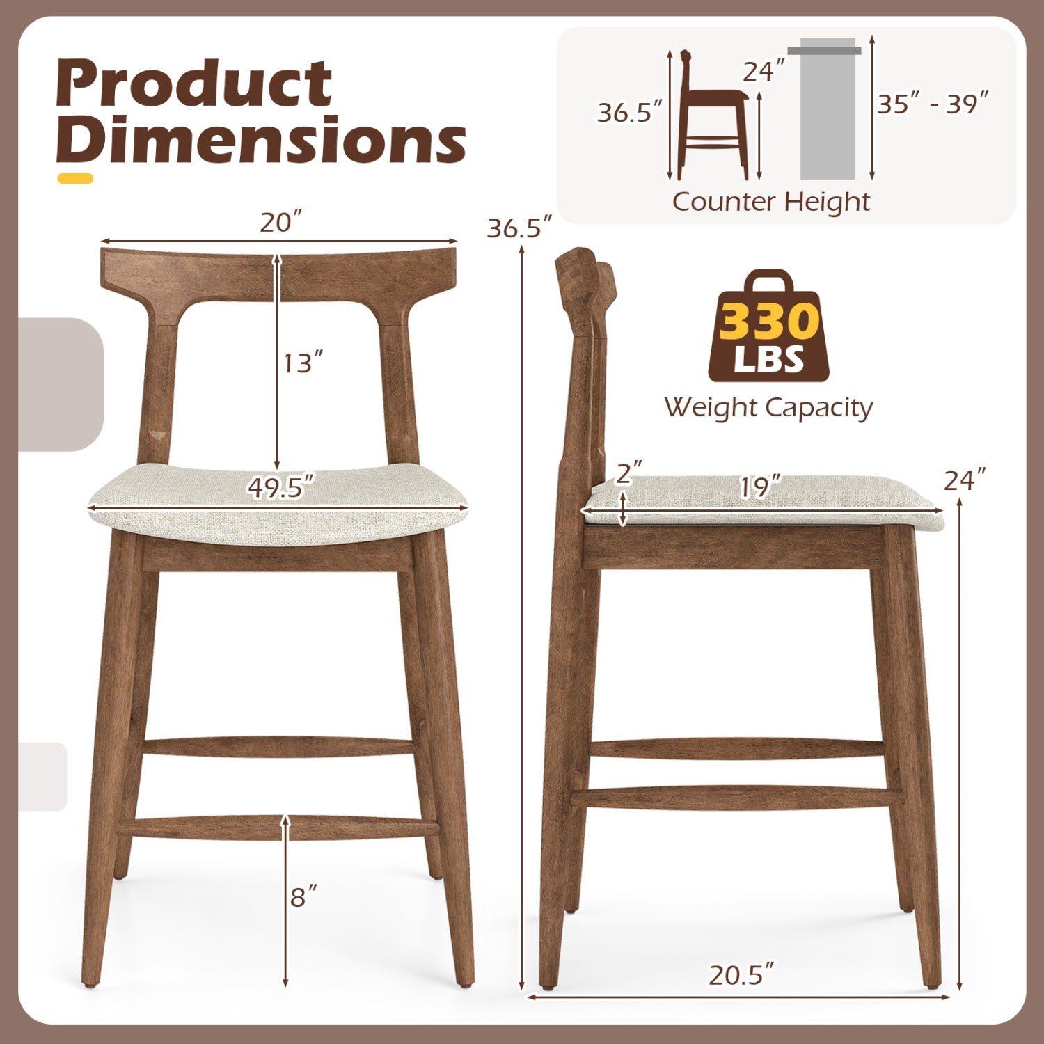 Counter Height Bar Stools 24 Inch Solid Wood Kitchen Island Chairs with Curved Backs