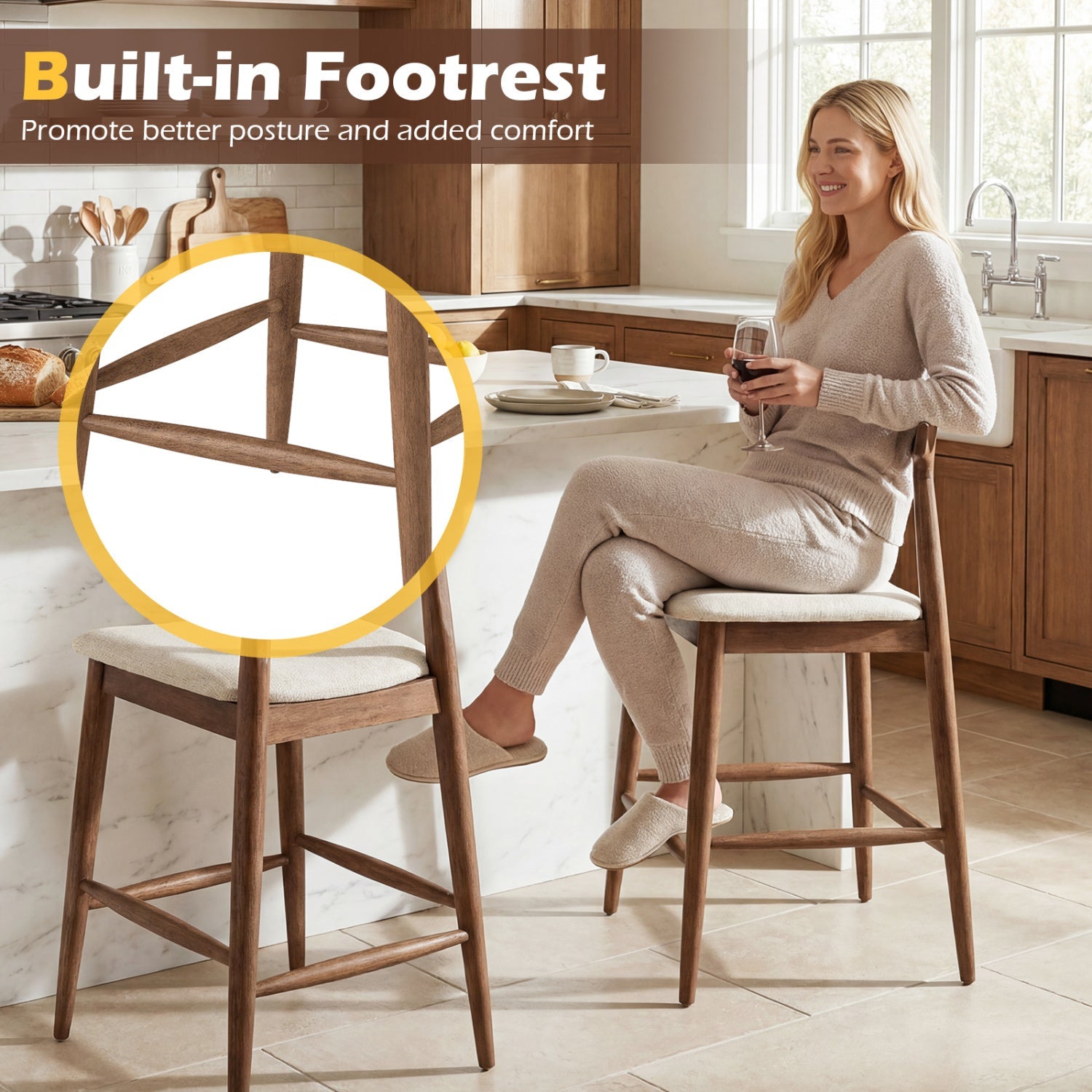 Counter Height Bar Stools 24 Inch Solid Wood Kitchen Island Chairs with Curved Backs