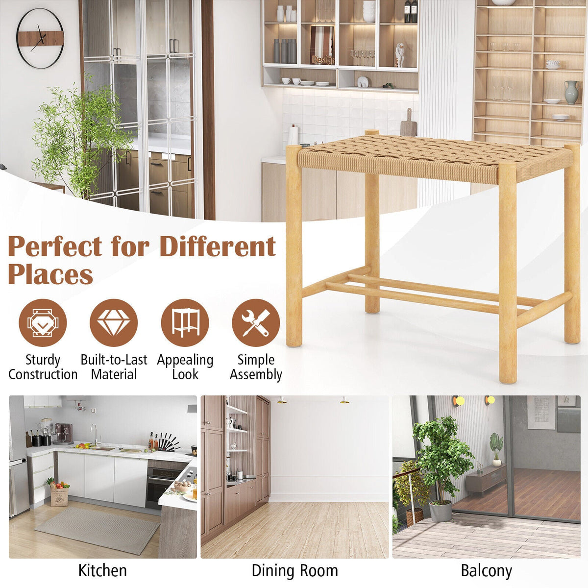 18 Inch Dining Stool Set of 2-Natural