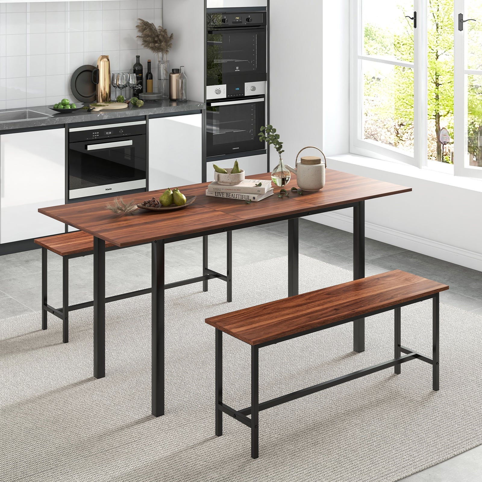 3-Piece Extendable Dining Table Set with 2 Benches