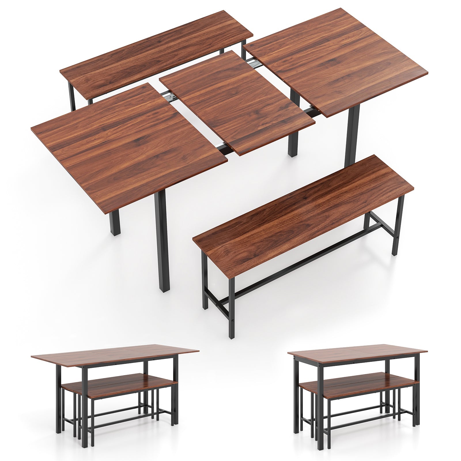 3-Piece Extendable Dining Table Set with 2 Benches