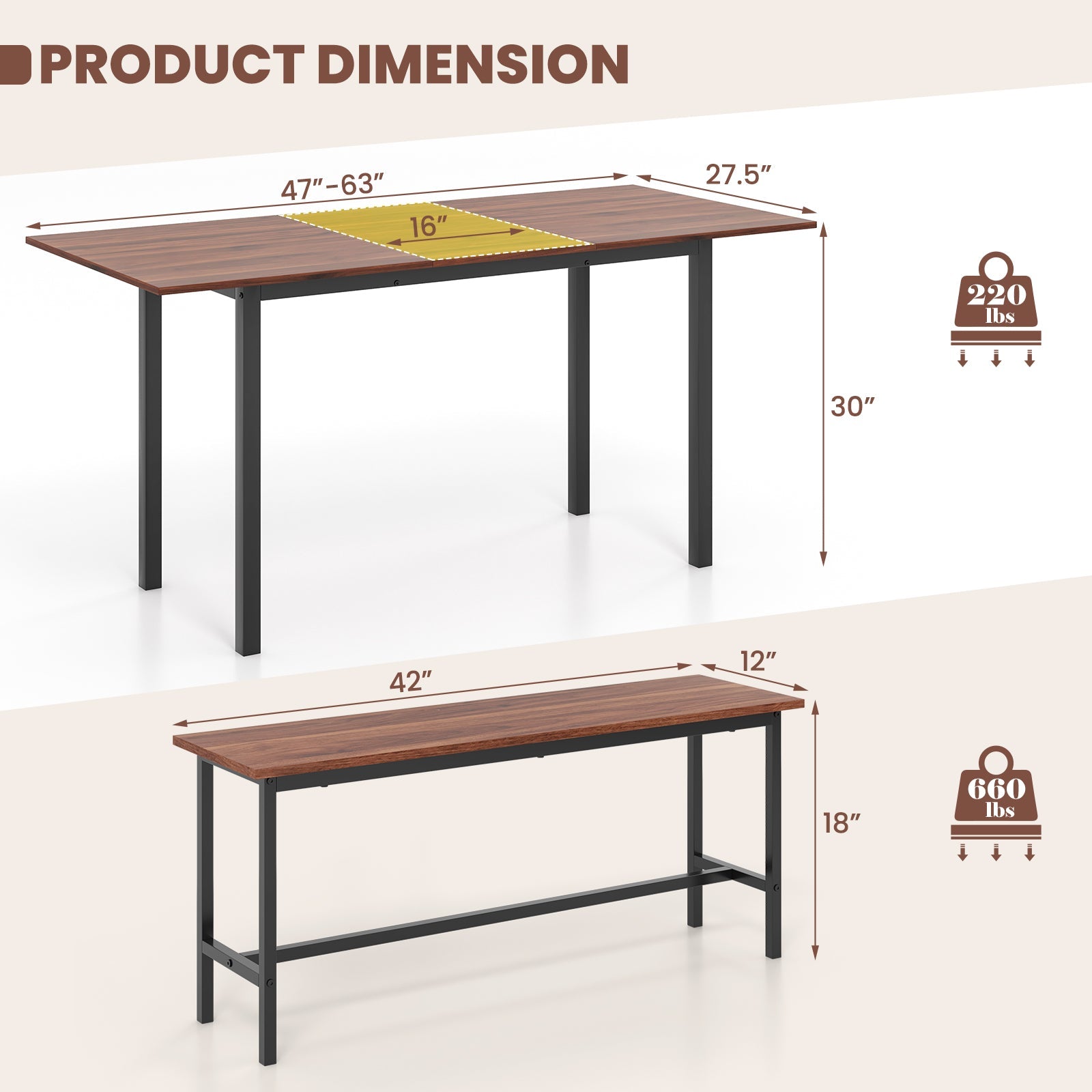 3-Piece Extendable Dining Table Set with 2 Benches