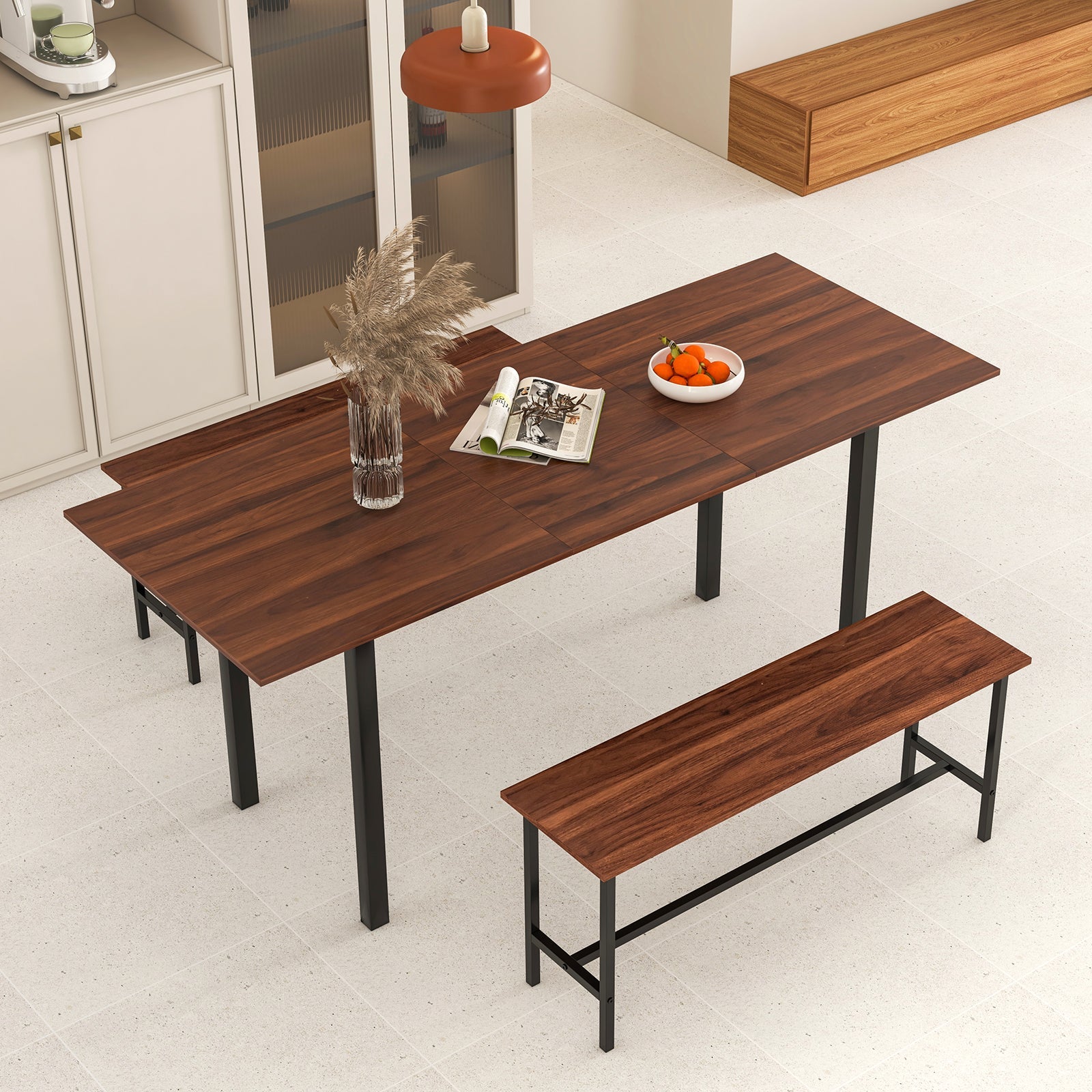 3-Piece Extendable Dining Table Set with 2 Benches