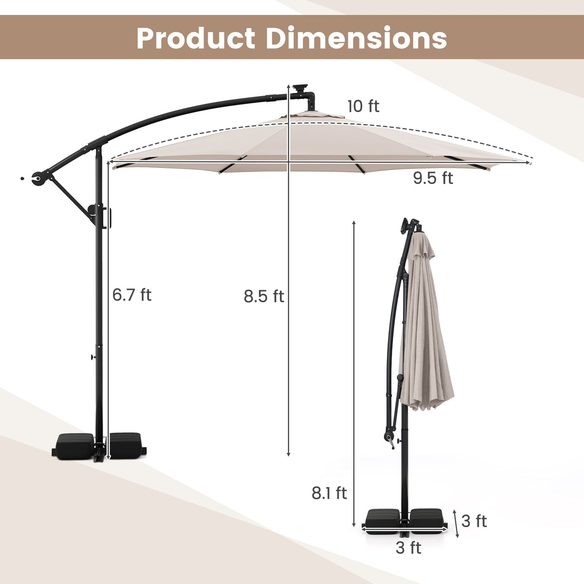10 Feet Solar Offset Hanging Umbrella with Base and LED Lights