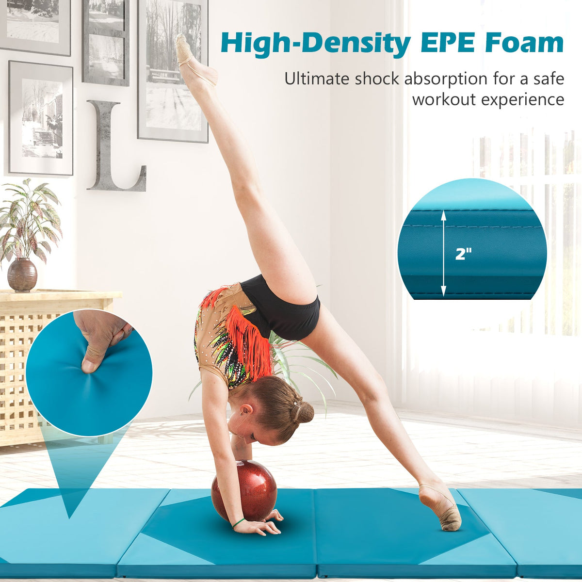 10 Feet x 4 Feet x 2 Inch Folding Exercise Mat with Hook and Loop Fasteners