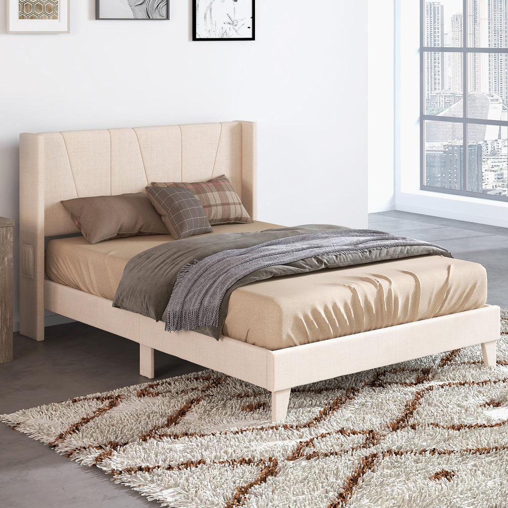 Full/Queen Size Upholstered Bed Frame with Geometric Wingback Headboard