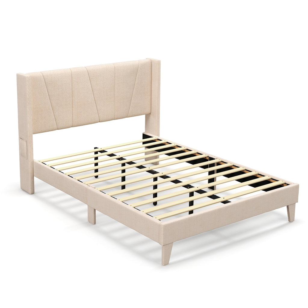 Full/Queen Size Upholstered Bed Frame with Geometric Wingback Headboard