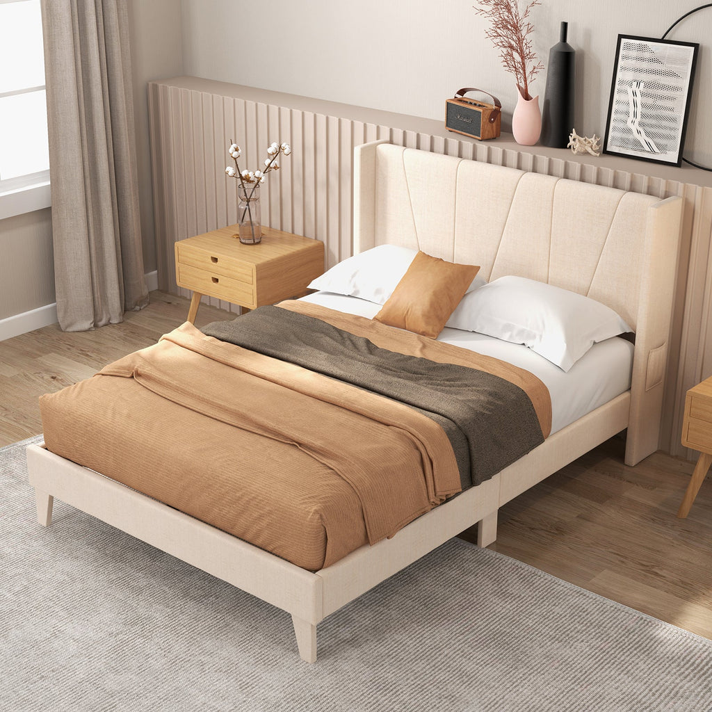 Full/Queen Size Upholstered Bed Frame with Geometric Wingback Headboard