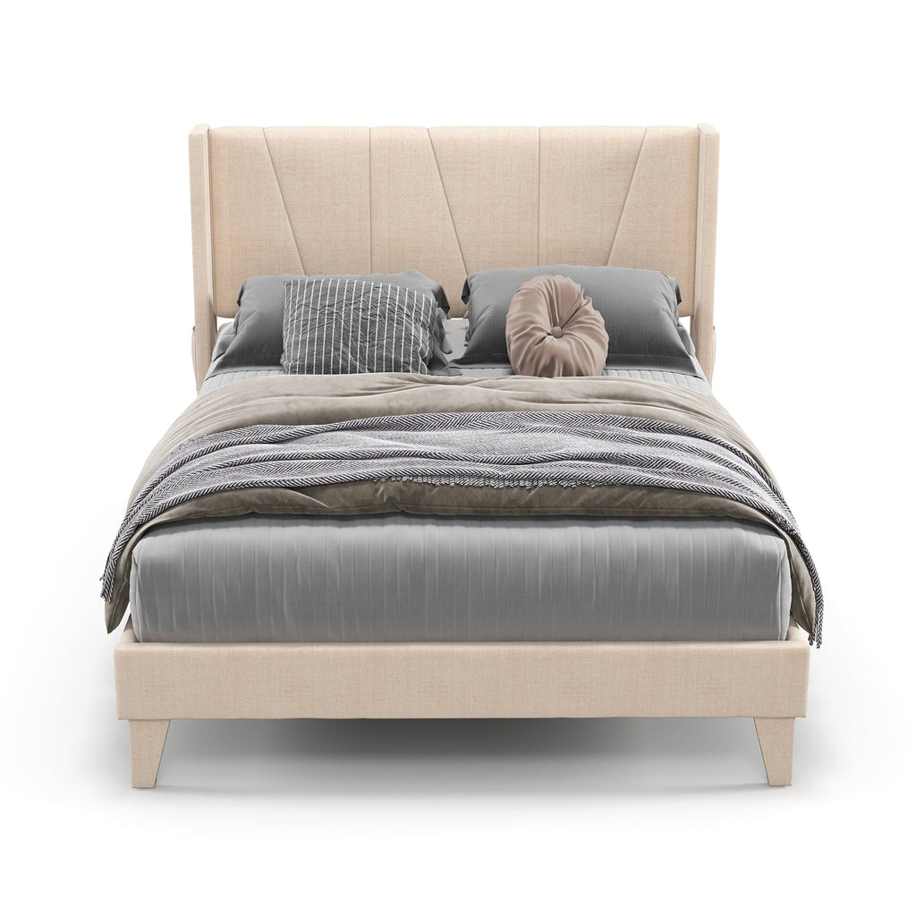Full/Queen Size Upholstered Bed Frame with Geometric Wingback Headboard