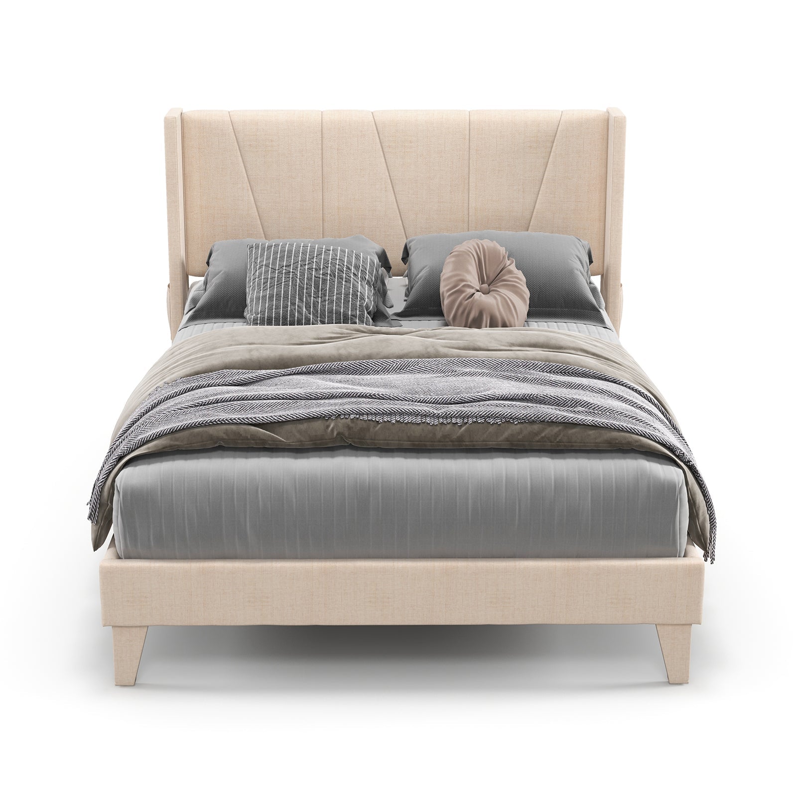 Full/Queen Size Upholstered Bed Frame with Geometric Wingback Headboard