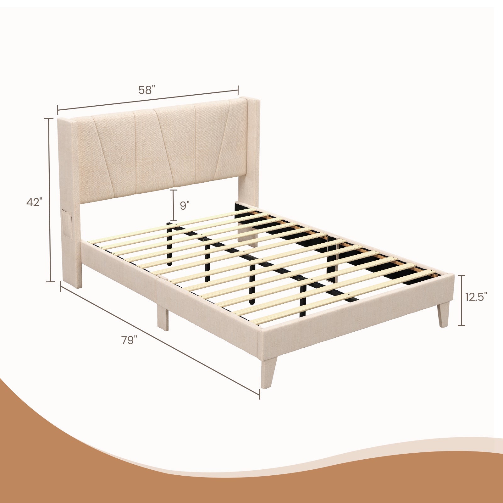 Full/Queen Size Upholstered Bed Frame with Geometric Wingback Headboard