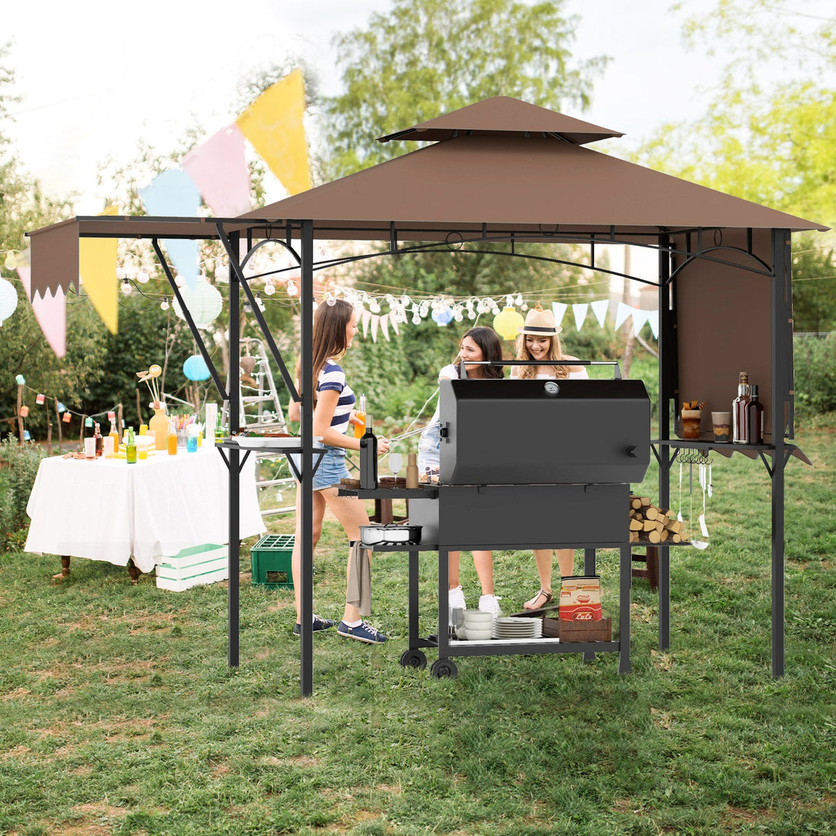13 x 5 Feet Grill Gazebo with Dual Side Awnings and 2 Shelves Adjustable Shadow