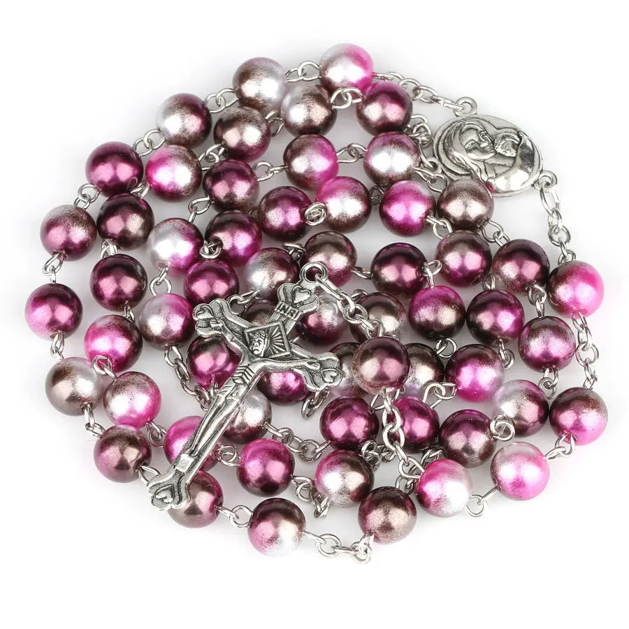 12 colors Religion Rosary necklace For Women Christian Virgin Mary Jesus Cross pendant Long beads chains Fashion Jewelry Gift