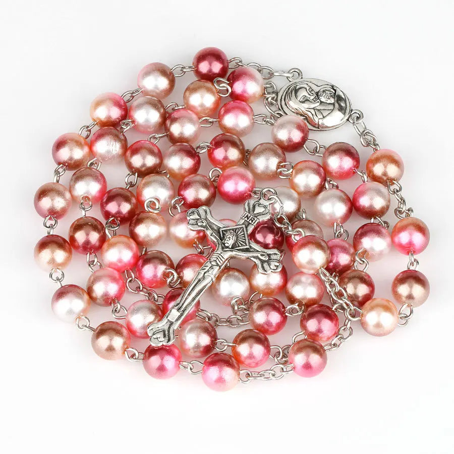 12 colors Religion Rosary necklace For Women Christian Virgin Mary Jesus Cross pendant Long beads chains Fashion Jewelry Gift