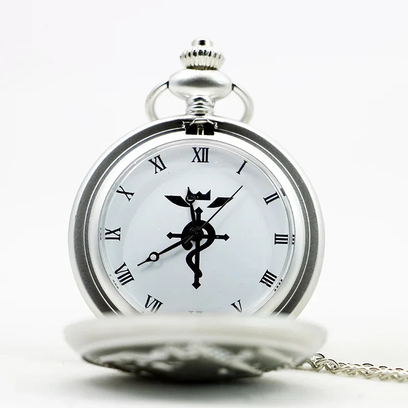 Antique Silver Fullmetal Alchemist Necklace Pendant Quartz Pocket Watch With Chain Gift