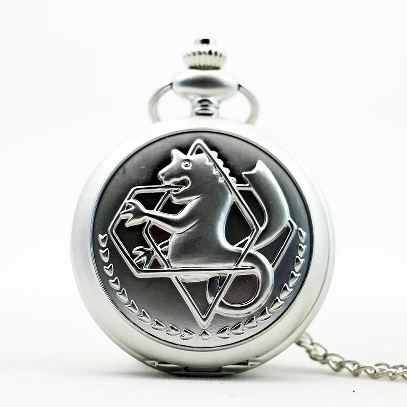 Antique Silver Fullmetal Alchemist Necklace Pendant Quartz Pocket Watch With Chain Gift