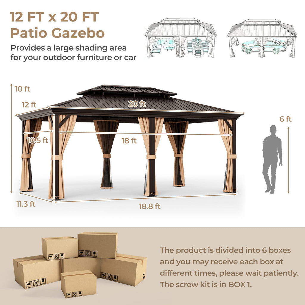 12' x 20' Double-Roof Hardtop Gazebo with Galvanized Steel Roof-Coffee
