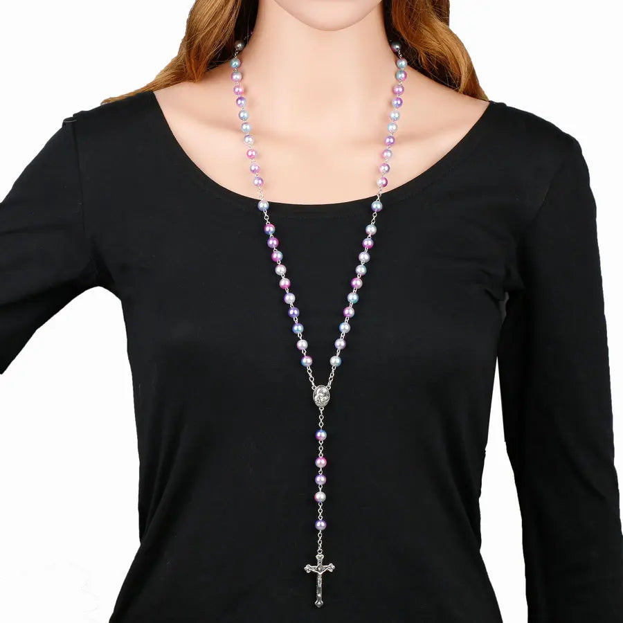 12 colors Religion Rosary necklace For Women Christian Virgin Mary Jesus Cross pendant Long beads chains Fashion Jewelry Gift