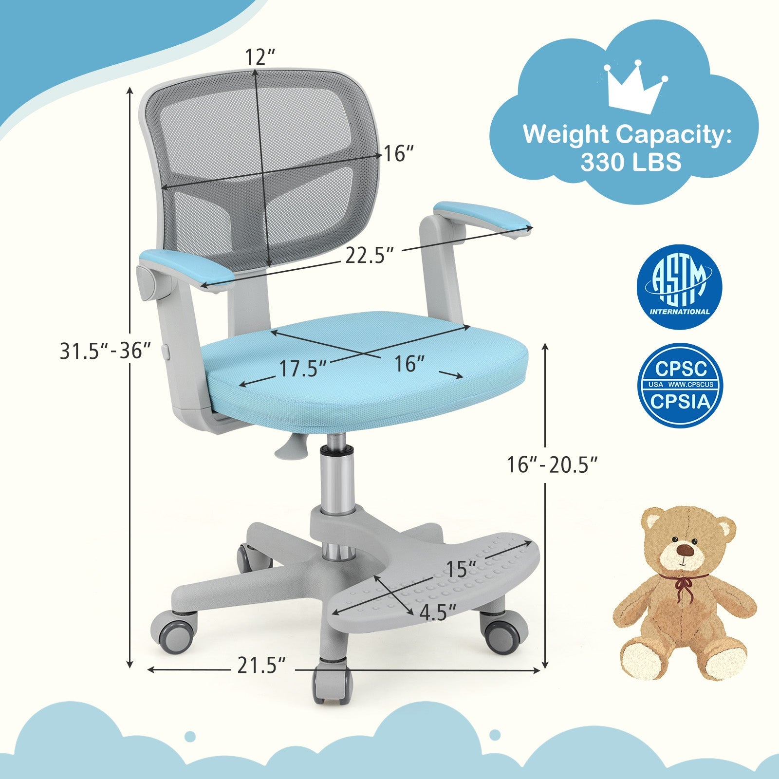 Kids Desk Chair Children Study Chair with Adjustable Height Armrest and Footrest