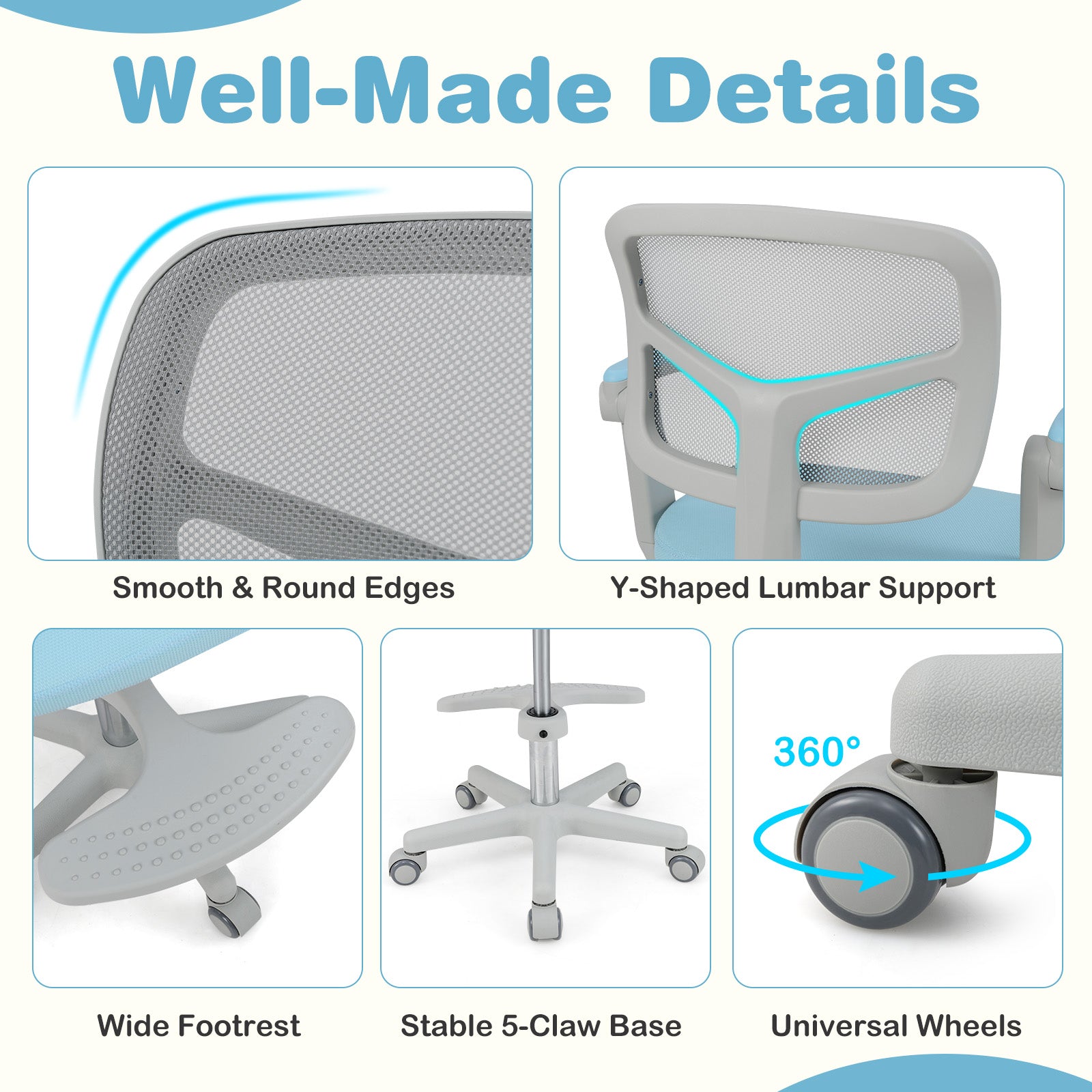 Kids Desk Chair Children Study Chair with Adjustable Height Armrest and Footrest