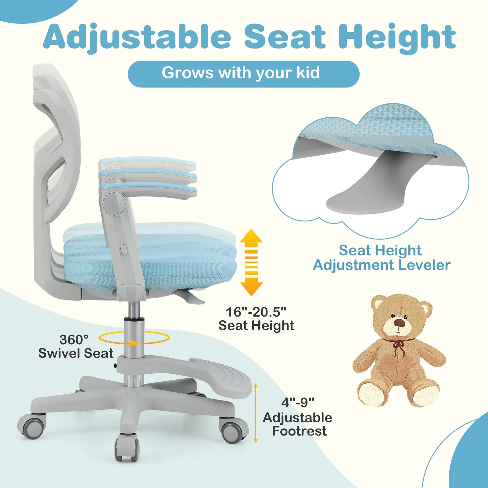 Kids Desk Chair Children Study Chair with Adjustable Height Armrest and Footrest