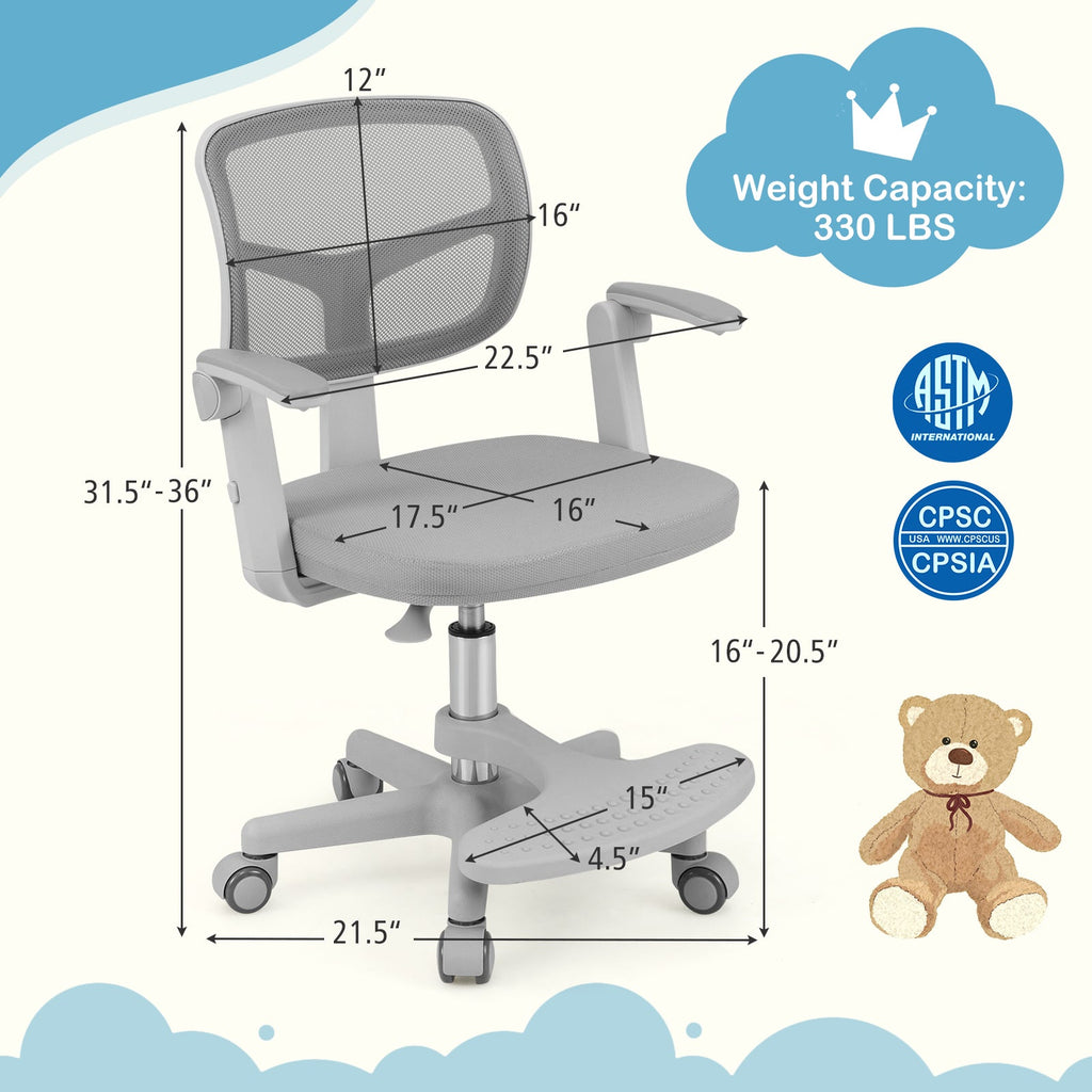 Kids Desk Chair Children Study Chair with Adjustable Height Armrest and Footrest