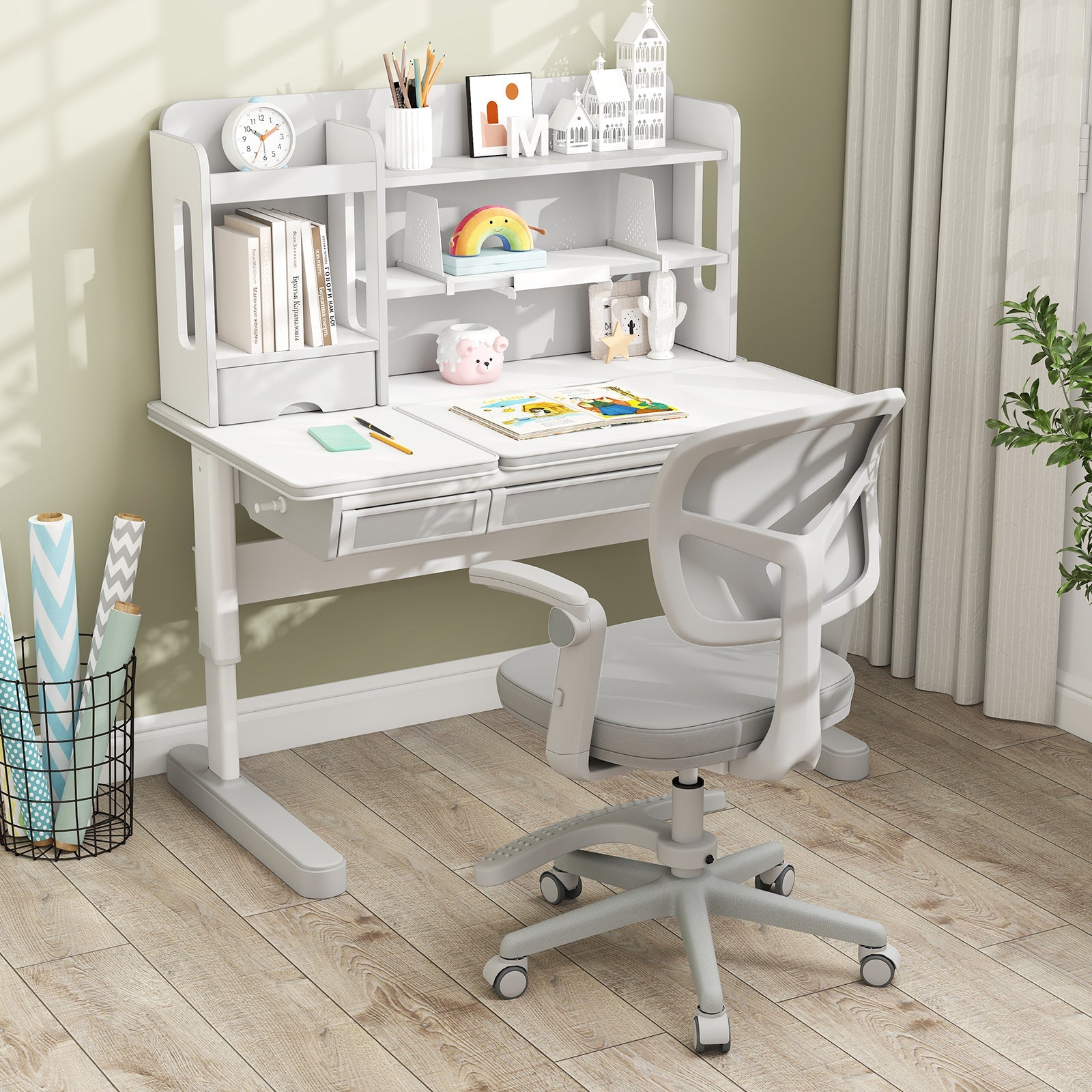 Kids Desk Chair Children Study Chair with Adjustable Height Armrest and Footrest