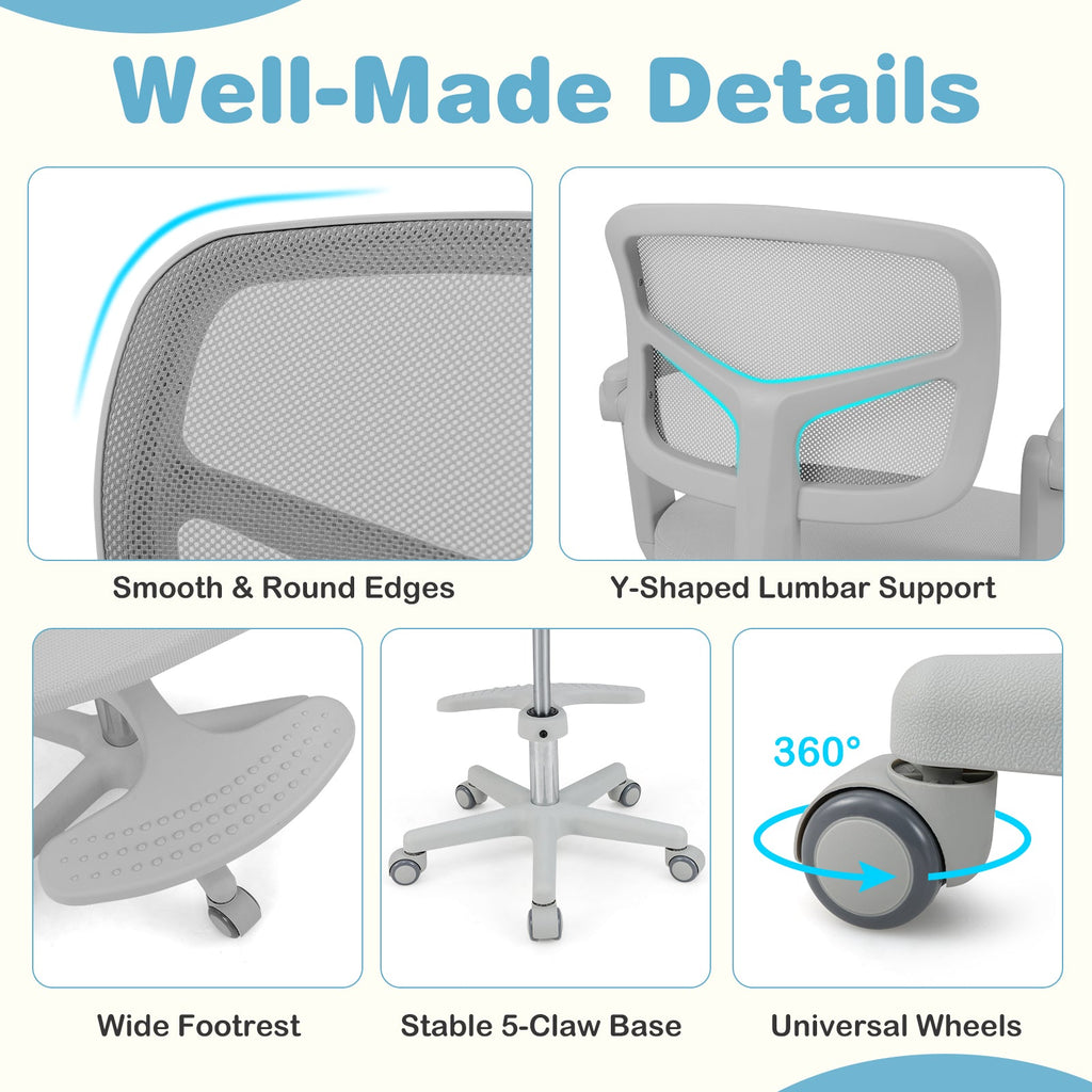 Kids Desk Chair Children Study Chair with Adjustable Height Armrest and Footrest