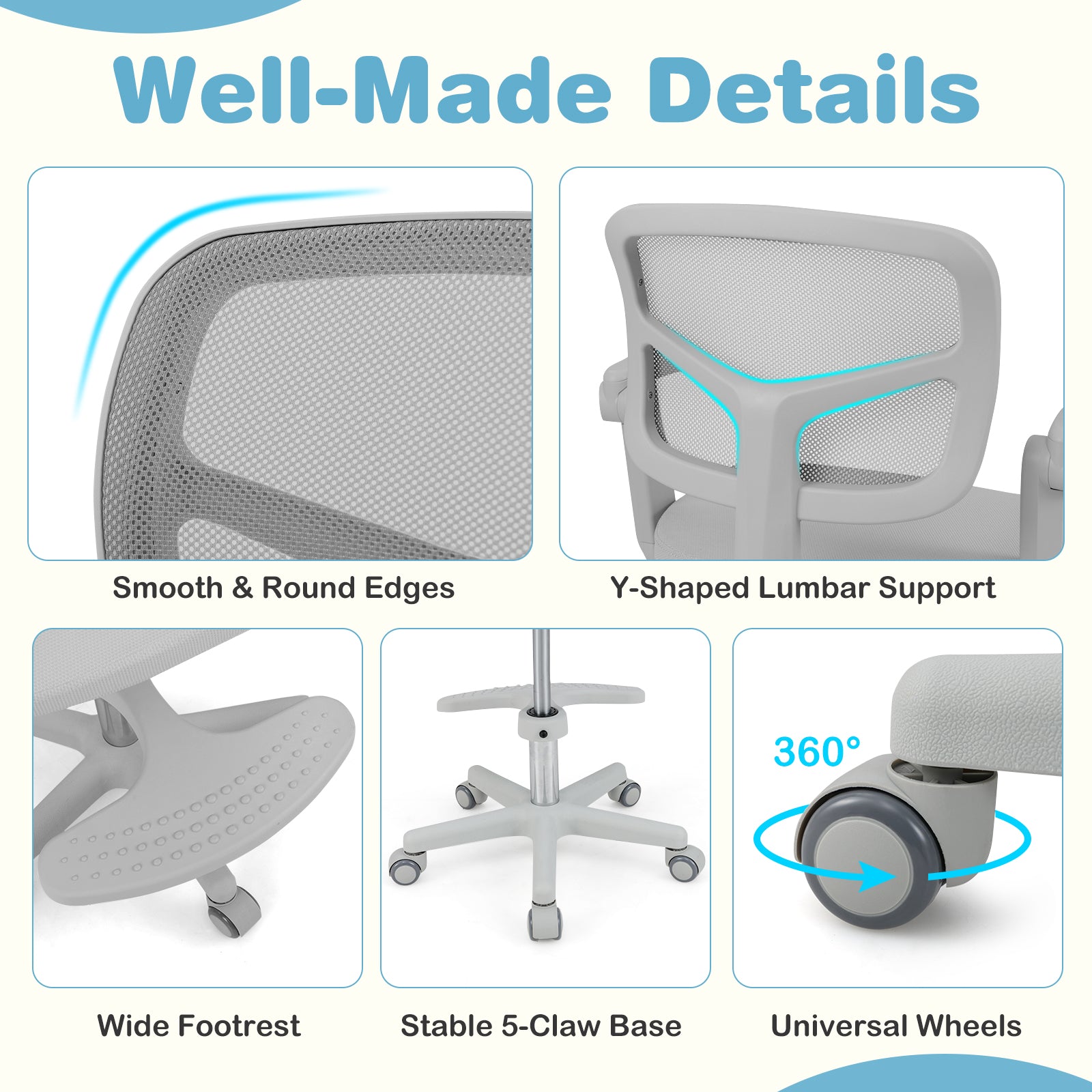 Kids Desk Chair Children Study Chair with Adjustable Height Armrest and Footrest