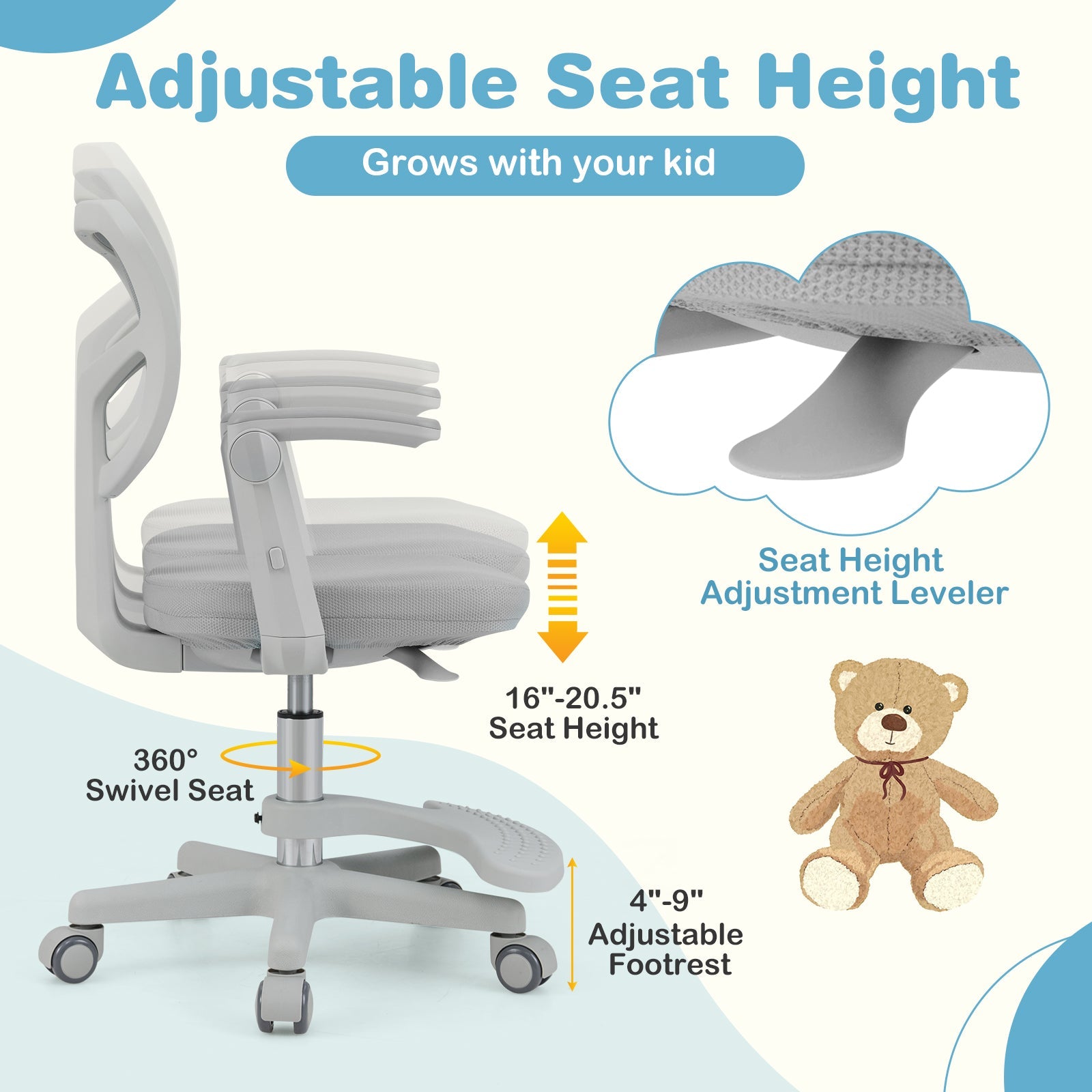 Kids Desk Chair Children Study Chair with Adjustable Height Armrest and Footrest