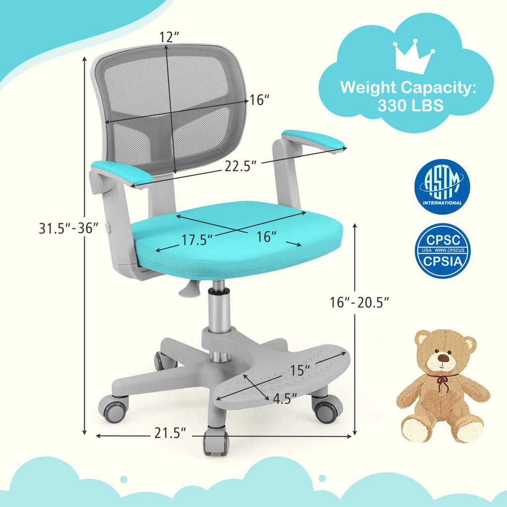 Kids Desk Chair Children Study Chair with Adjustable Height Armrest and Footrest