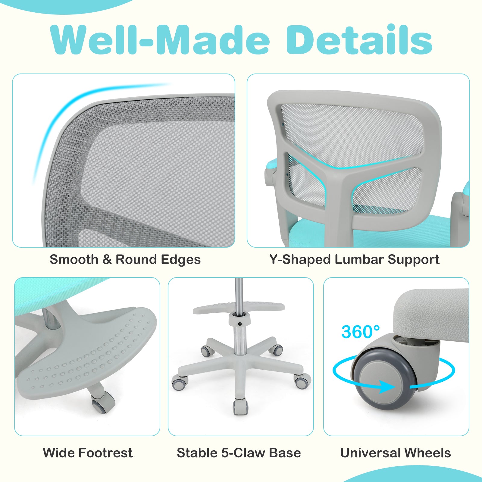 Kids Desk Chair Children Study Chair with Adjustable Height Armrest and Footrest