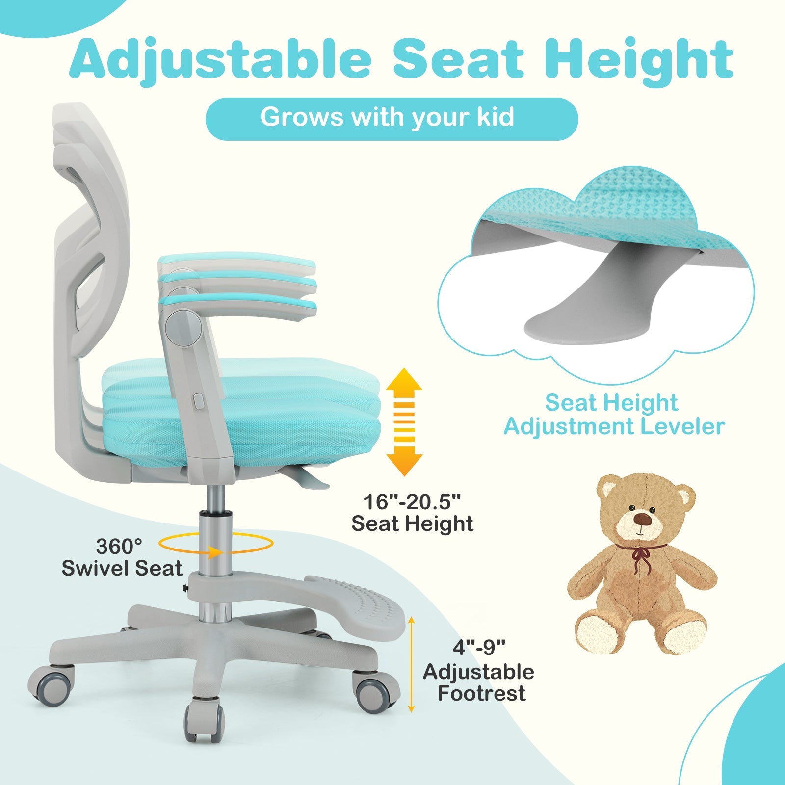 Kids Desk Chair Children Study Chair with Adjustable Height Armrest and Footrest